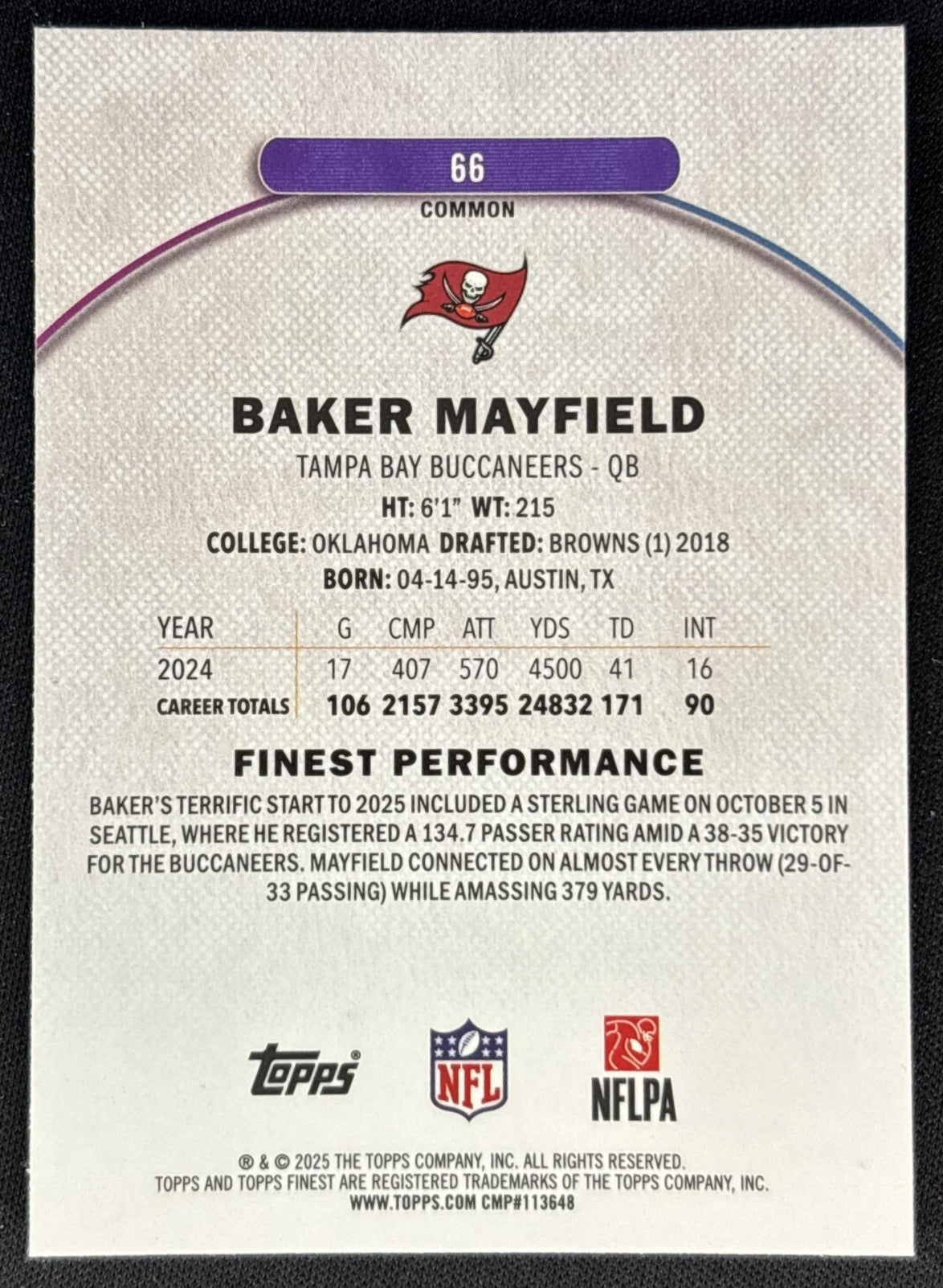 Baker Mayfield 2025 Topps Finest Blue Geometric Refractor /99 Buccaneers Back