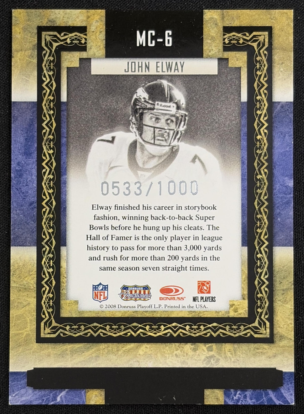 John Elway 2008 Donruss Sports Legends Museum Collection /1000 Broncos sports trading card back