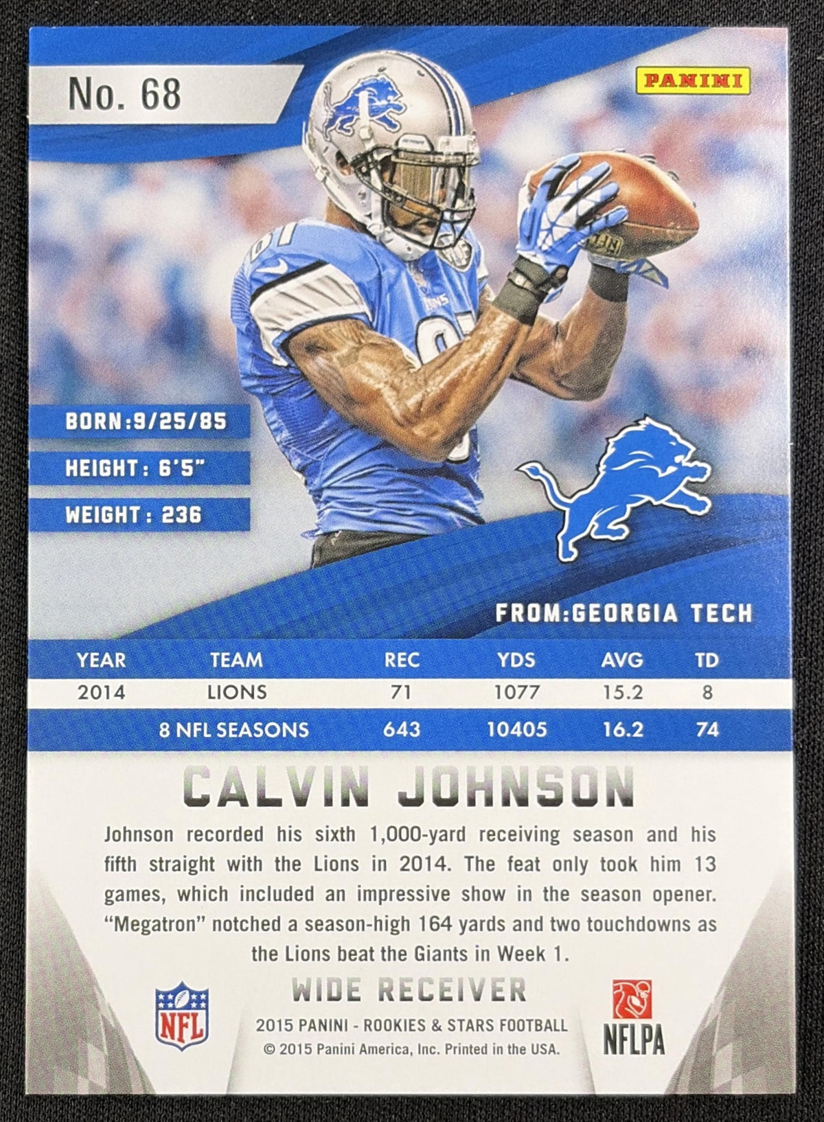 Calvin Johnson 2015 Panini Rookies & Stars Longevity Team Logo /50 Lions Detroit Lions