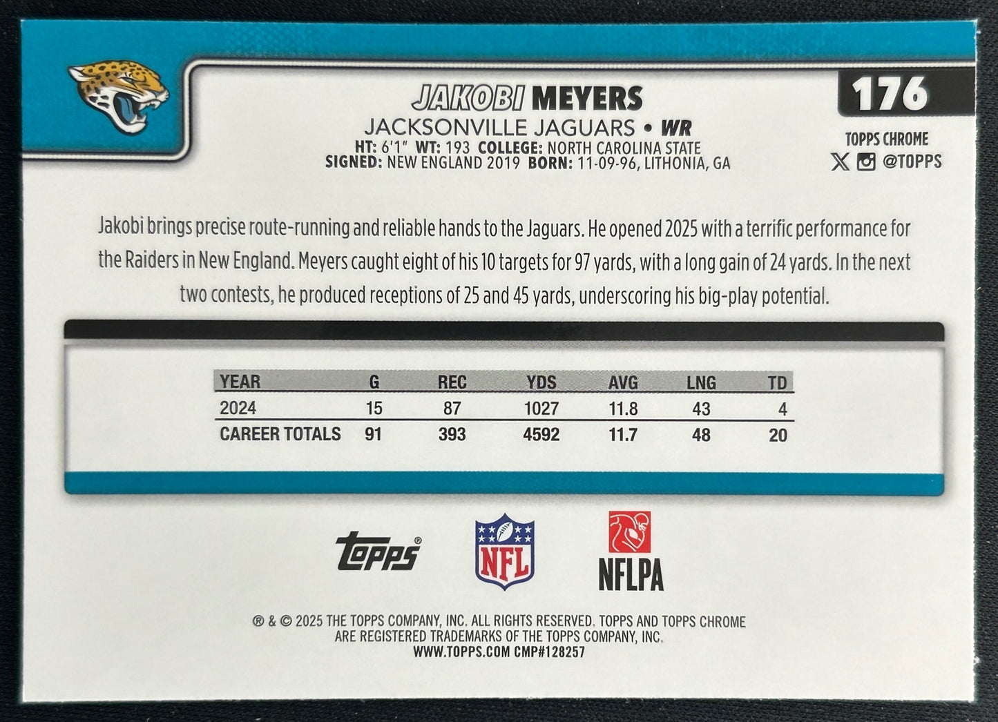 Jakobi Meyers 2025 Topps Chrome Topps Logo Refractor Jaguars