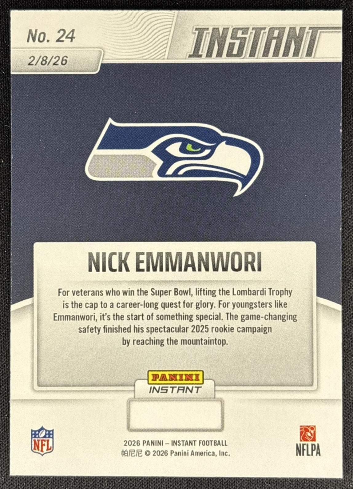 Nick Emmanwori 2026 Panini Instant Super Bowl LIX Champions Seattle Seahawks back