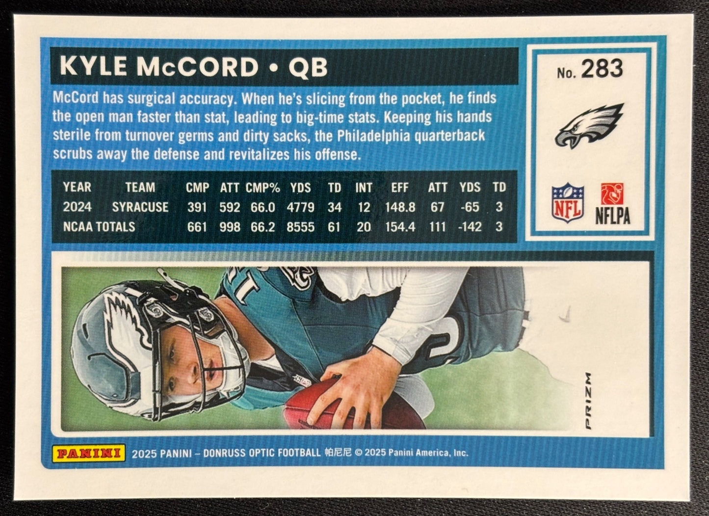 Kyle McCord 2025 Donruss Optic Rated Rookie Blue Hyper Prizm Eagles - Back