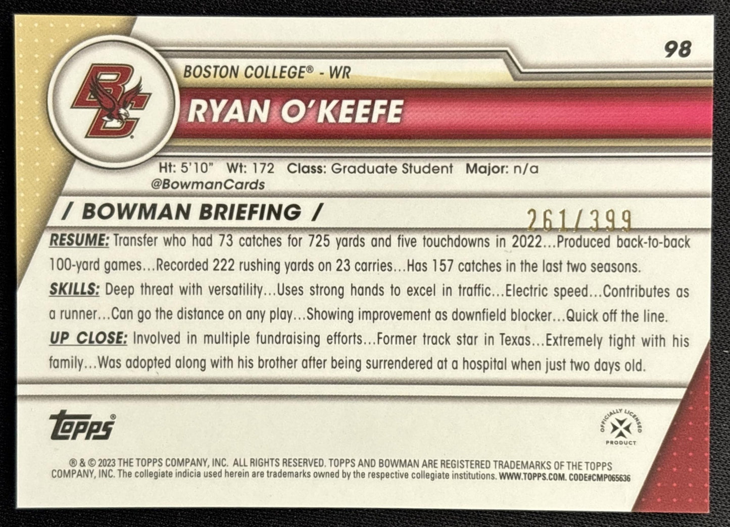 Ryan O'Keefe 2023 Bowman University Chrome Purple Refractor /399 Eagles back