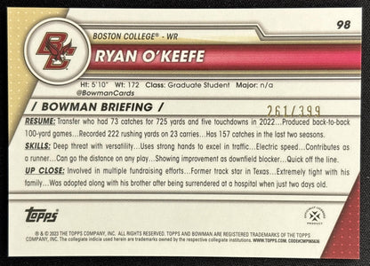 Ryan O'Keefe 2023 Bowman University Chrome Purple Refractor /399 Eagles back