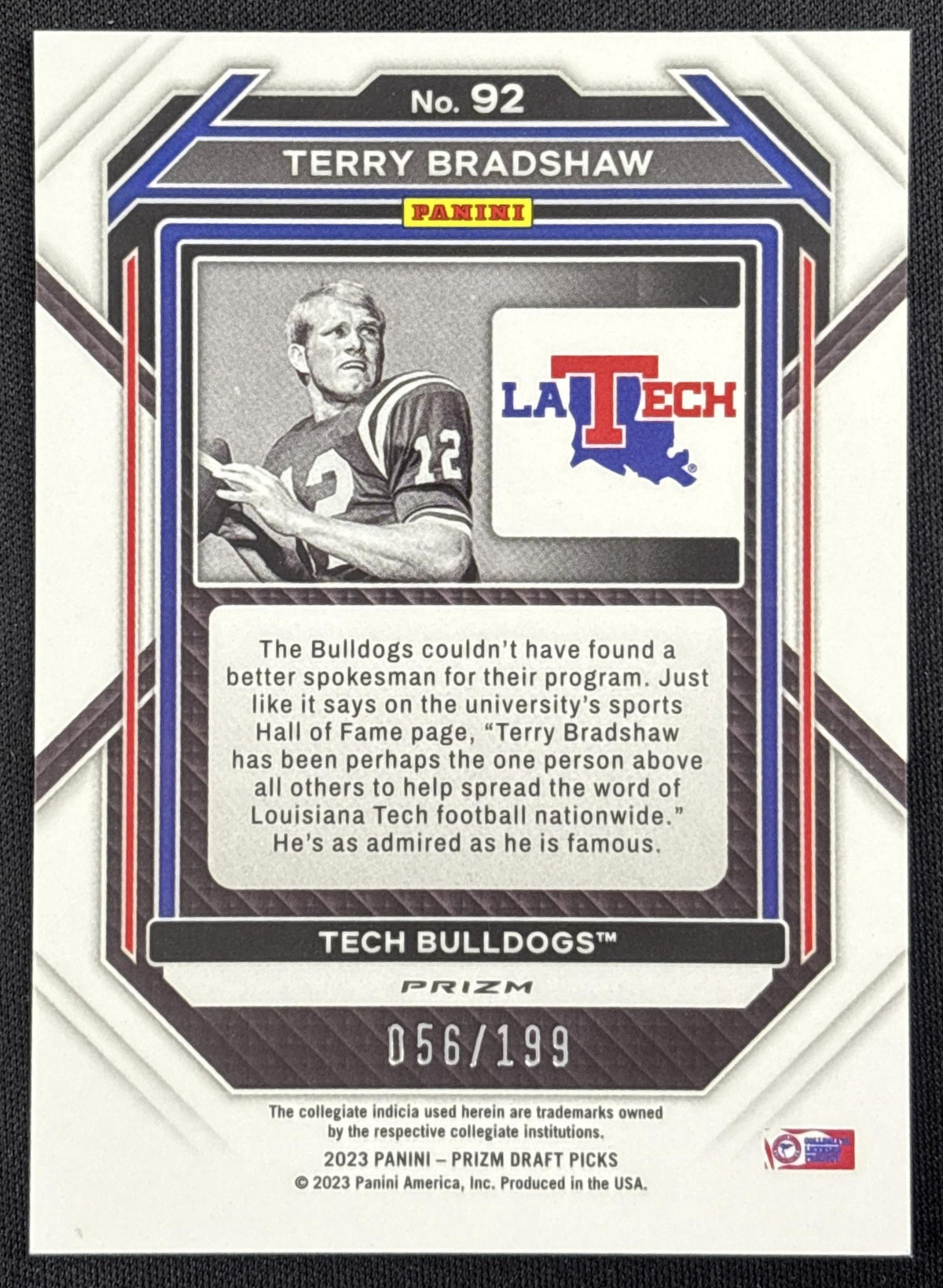 Terry Bradshaw 2023 Panini Prizm Draft Picks Prizms Blue /199 Bulldogs Sports Trading Card