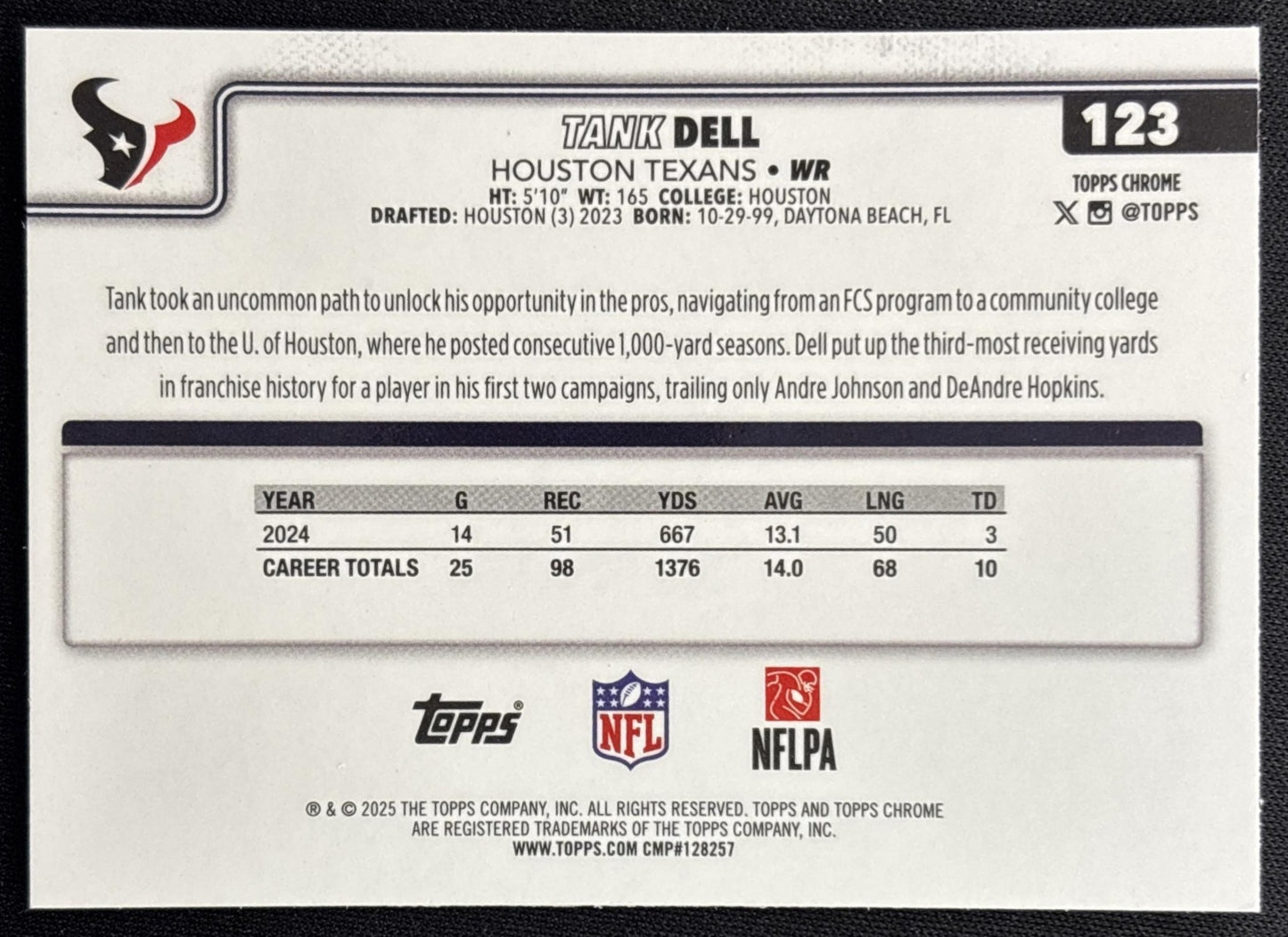 Tank Dell 2025 Topps Chrome Neon Pulse Refractor Texans Sports Trading Card