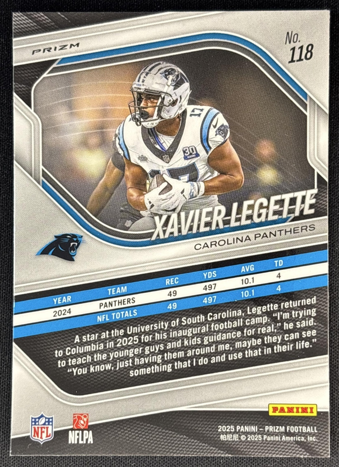 Xavier Legette 2025 Panini Prizm Neon Green Pulsar Panthers