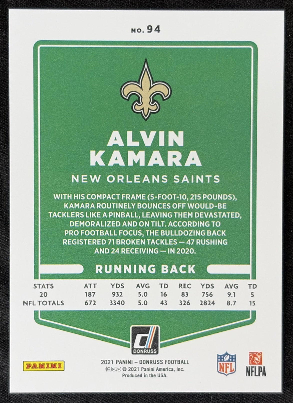 Alvin Kamara 2021 Panini Donruss Press Proof Premium Saints - New Orleans Saints