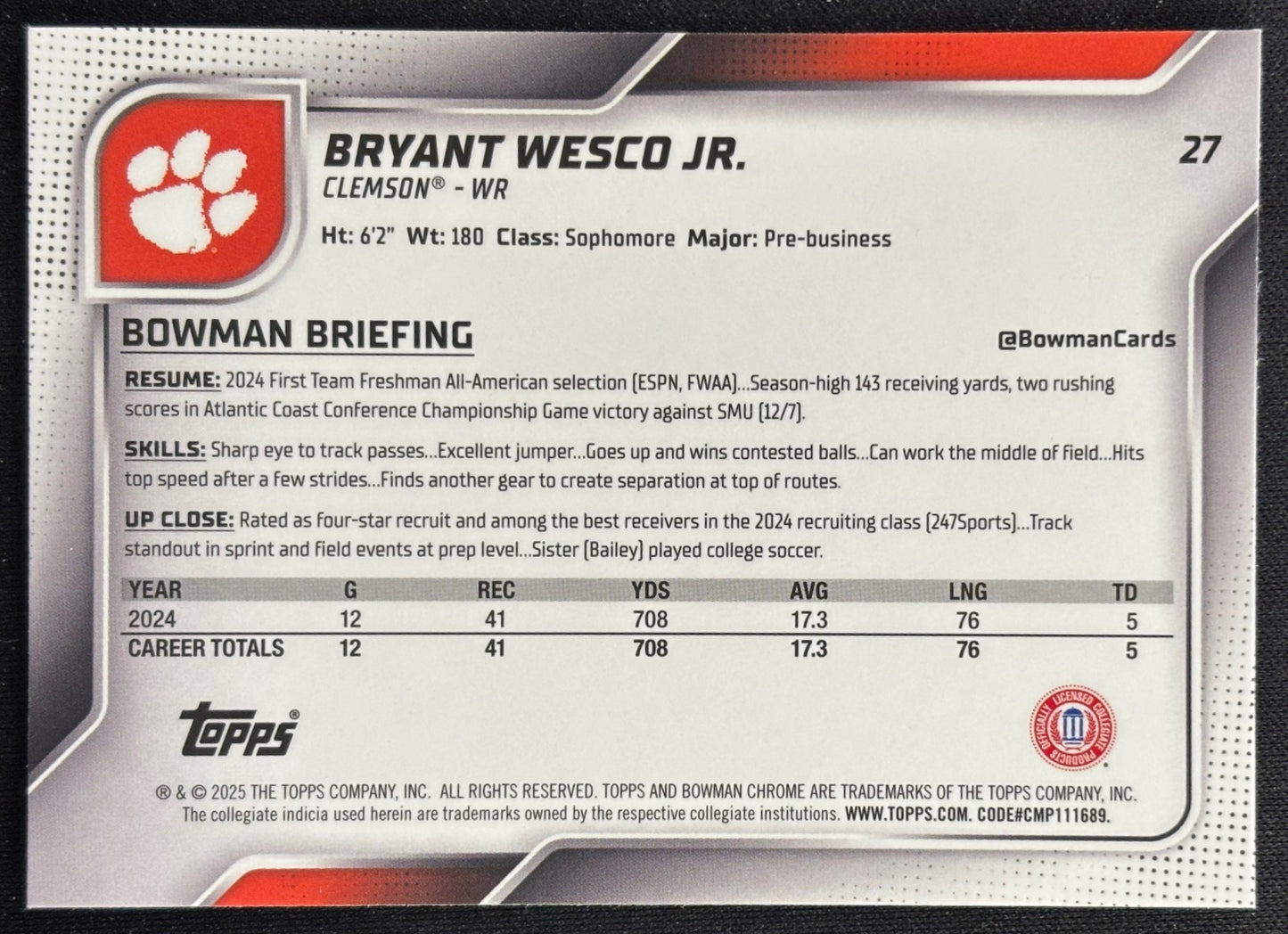 Bryant Wesco Jr. 2025 Chrome University Sapphire Prospect Tigers - Back