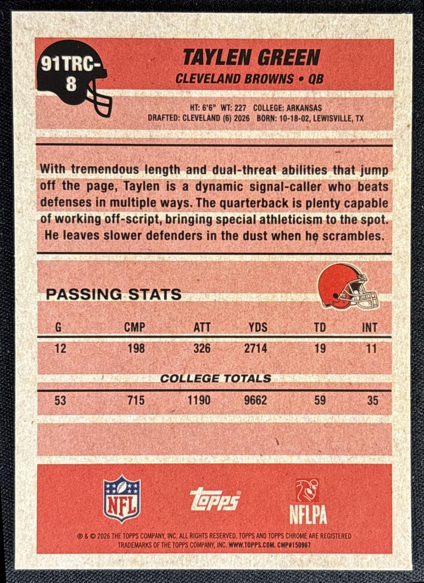 Taylen Green 2026 Topps 1991 Chrome Rookie Mojo Refractor Browns