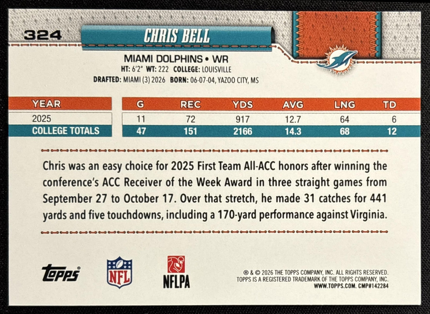 Chris Bell 2026 Topps Football Leather Foil Dolphins