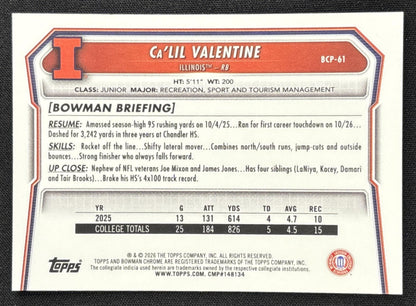 Ca'Lil Valentine 2026 Bowman Chrome Prospects Mojo Refractor Fighting Illini