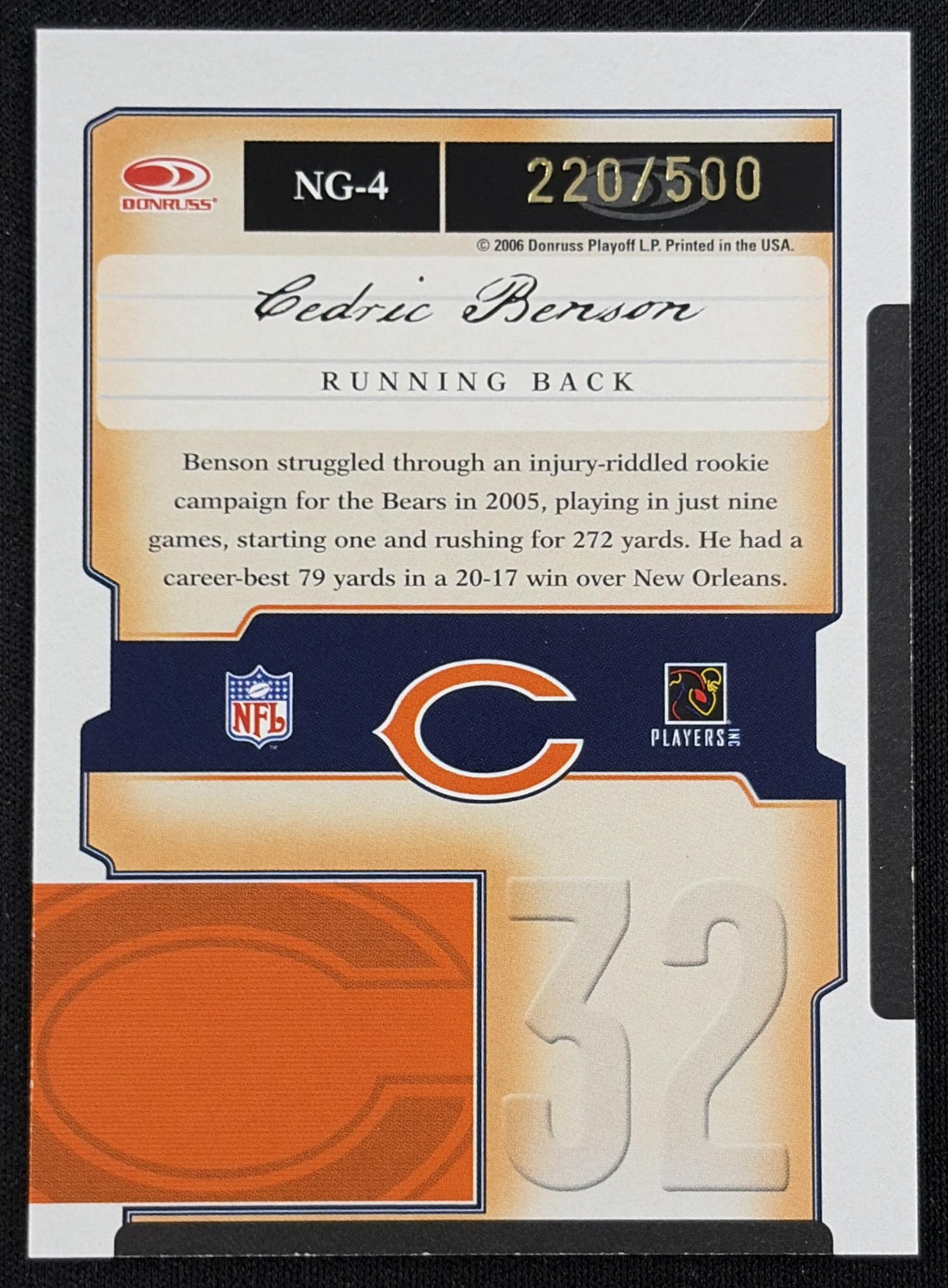 Cedric Benson 2006 Donruss Gridiron Gear Next Generation Gold /500 Bears - back