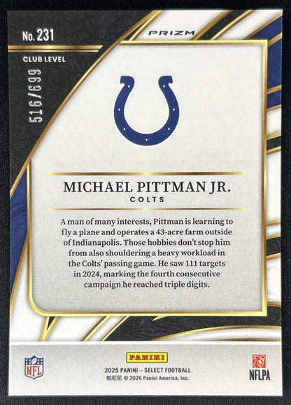 Michael Pittman Jr. 2025 Select Club Level Neon Green Prizm Shock /699 Colts back