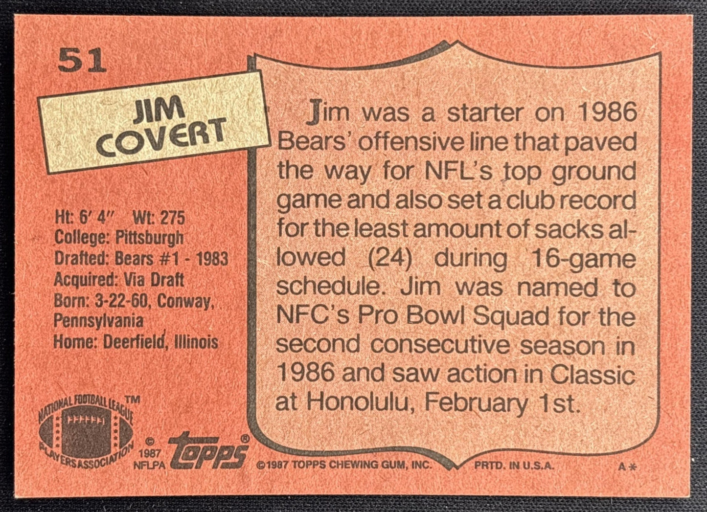 Jim Covert 1987 Topps Bears - Back