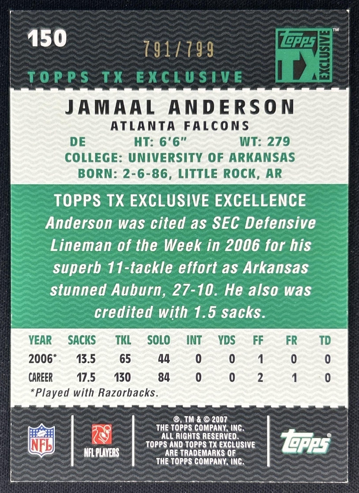 Jamaal Anderson 2007 Topps TX Exclusive /799 Falcons back