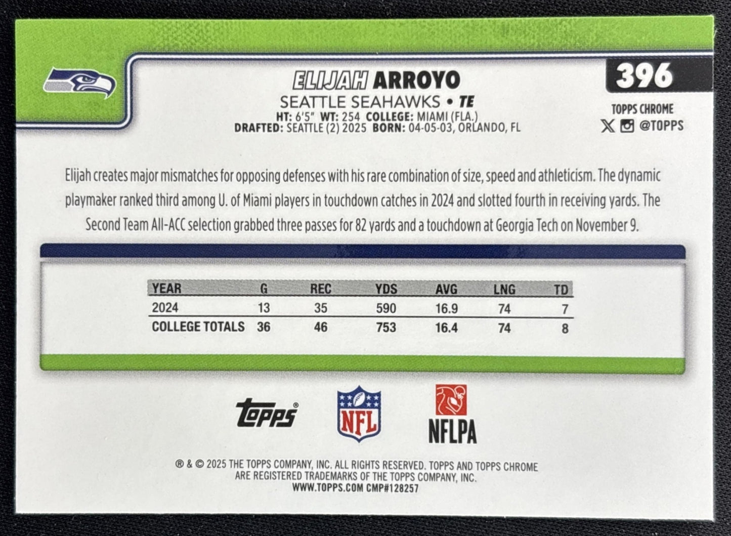 Elijah Arroyo 2025 Topps Chrome Rookie Aqua Wave Refractor /199 Seahawks back