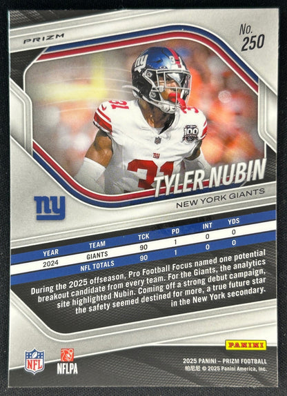 Tyler Nubin 2025 Panini Prizm Lazer Giants Sports Trading Cards