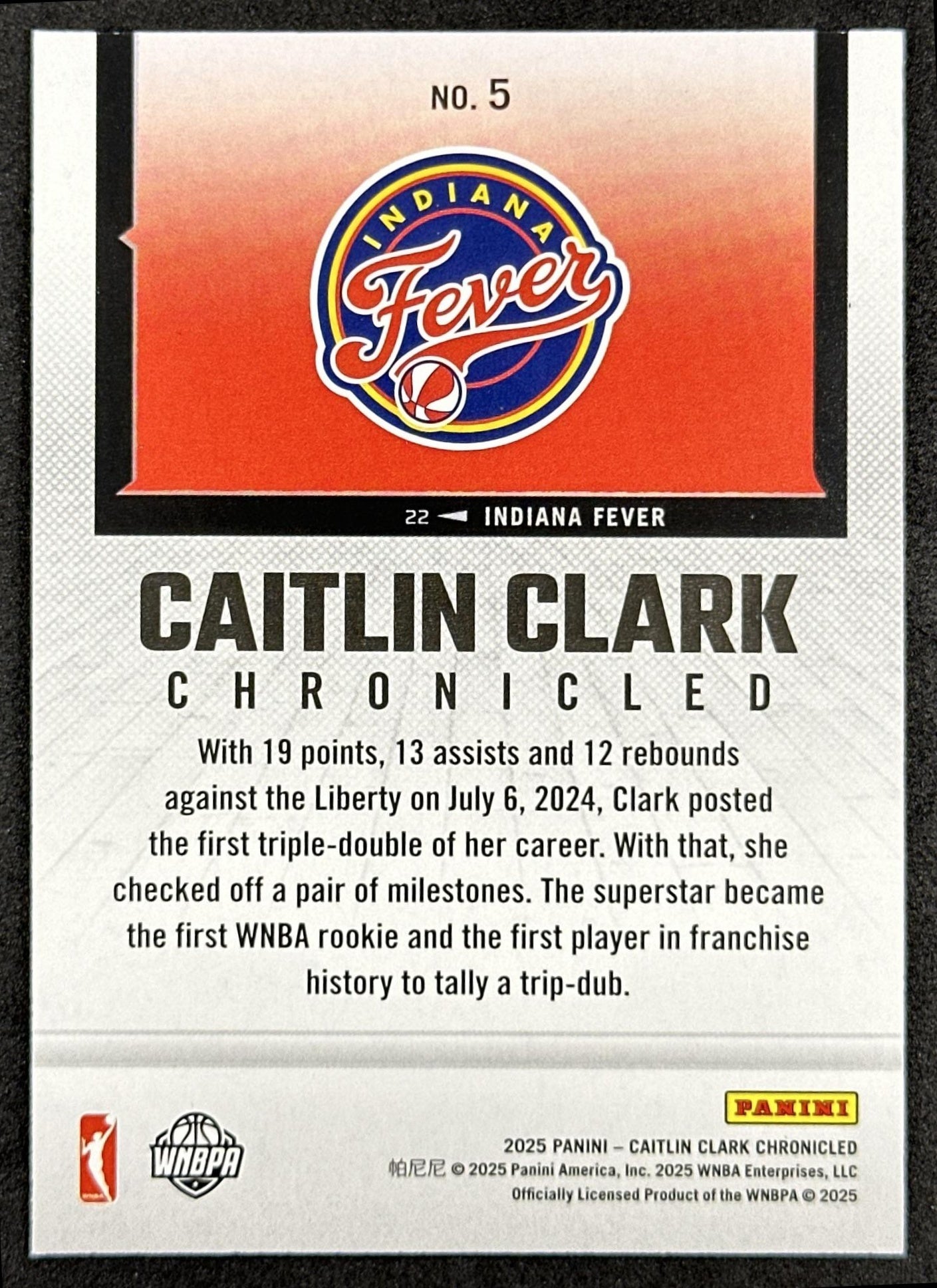 Caitlin Clark 2025 Panini Chronicled WNBA Holo Fever 5 Indiana Fever