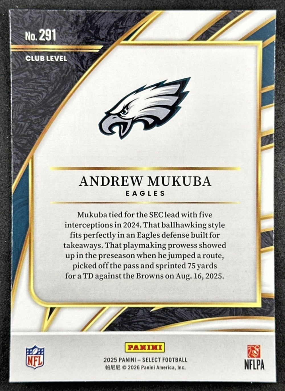 Andrew Mukuba 2025 Panini Select Club Level Eagles Back