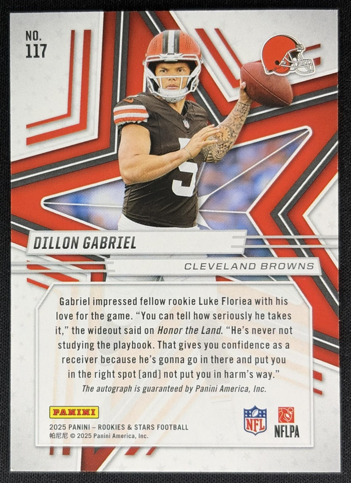 Dillon Gabriel 2025 Panini Rookies & Stars Signatures Orange /199 Browns back