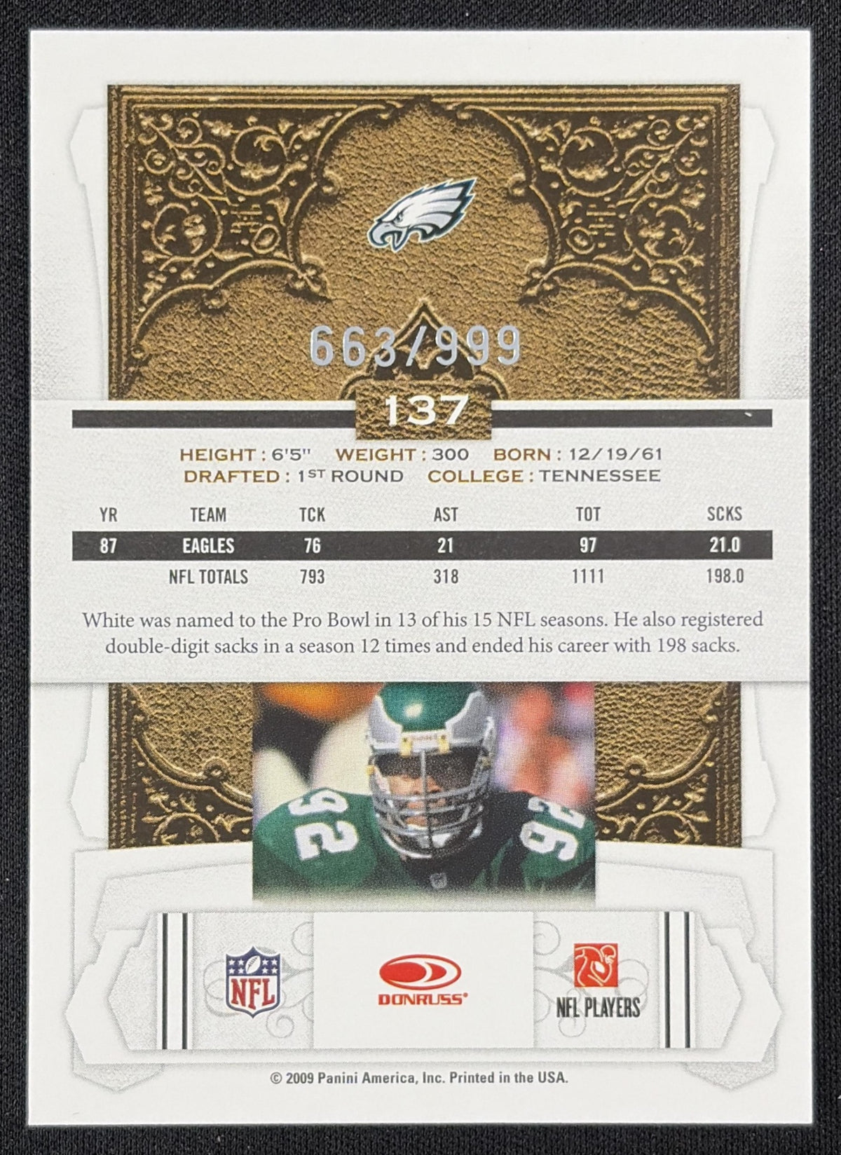 Reggie White 2009 Panini Donruss Classics /999 Philadelphia Eagles