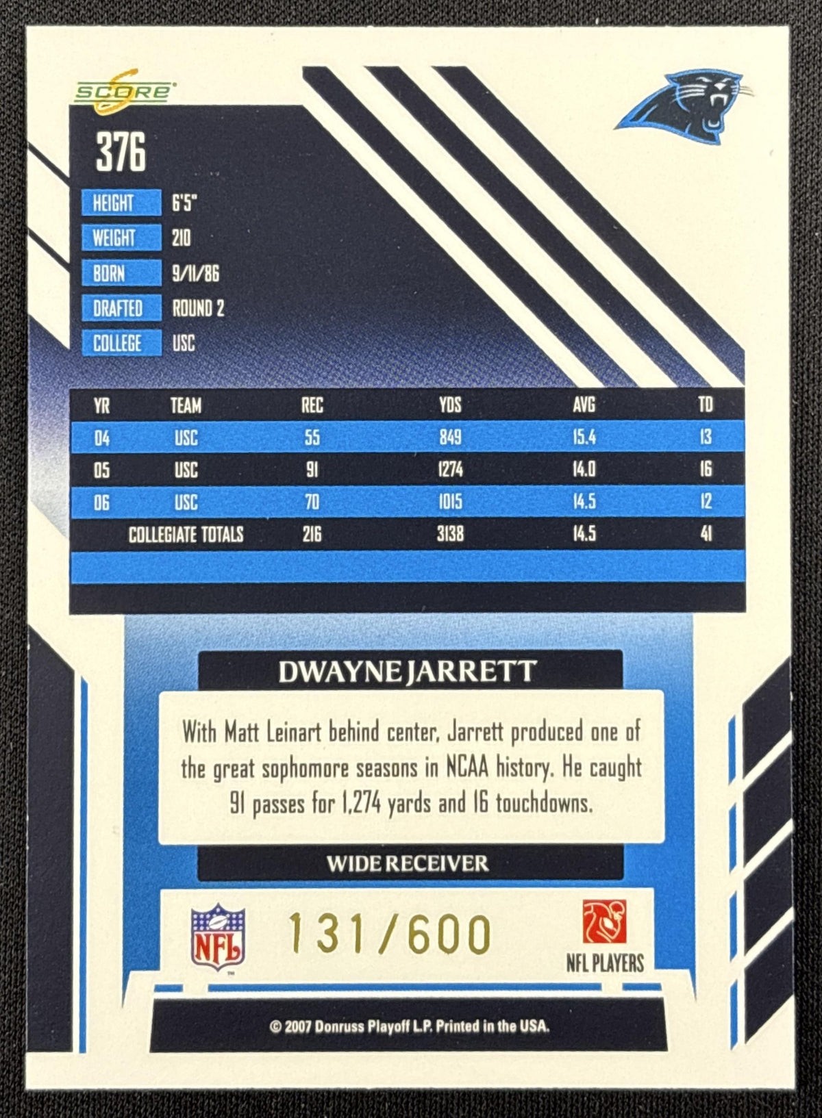 Dwayne Jarrett 2007 Score Gold Zone /600 Panthers