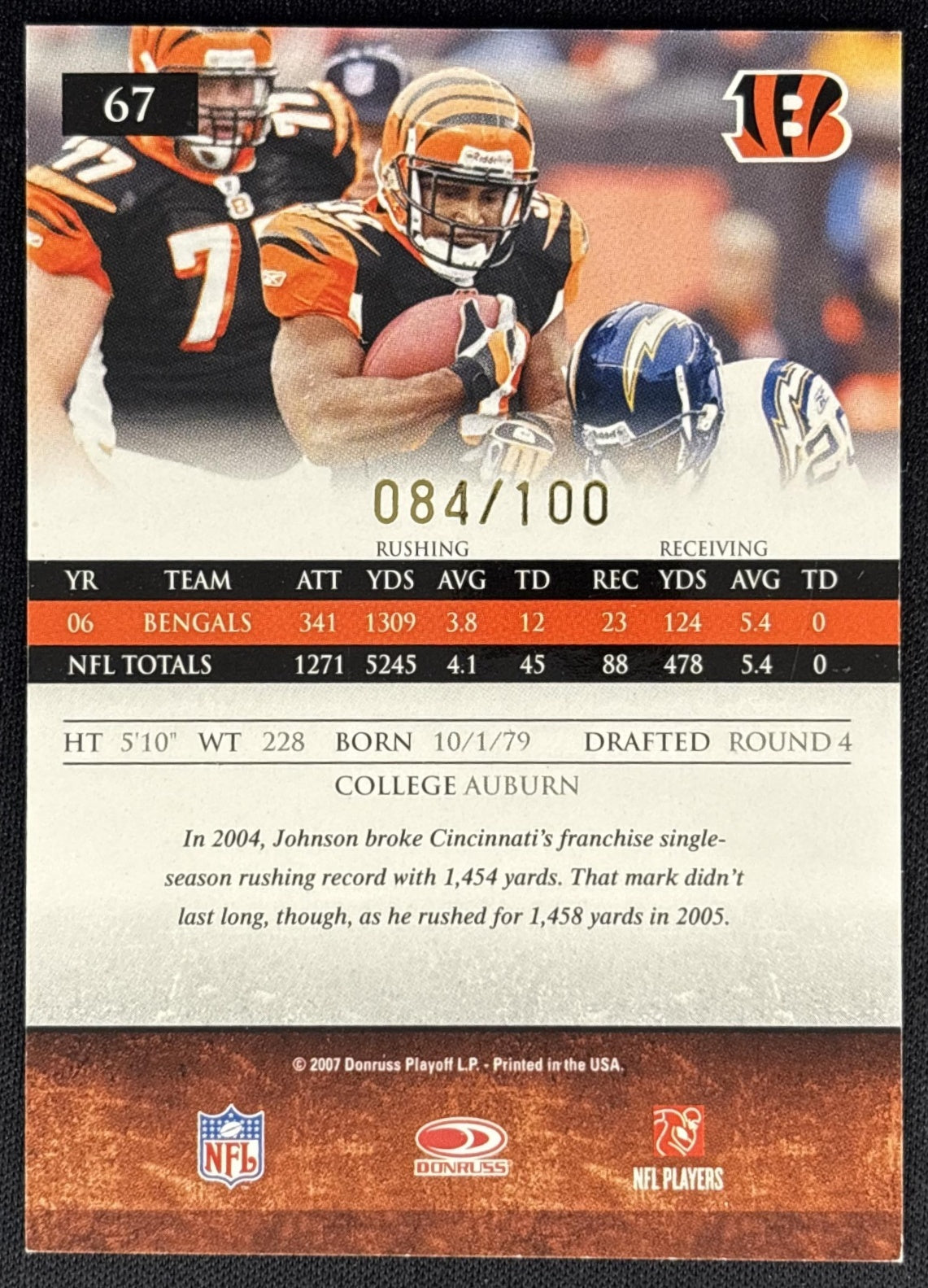 Rudi Johnson 2007 Donruss Gridiron Gear Gold Holofoil X's /100 Bengals back