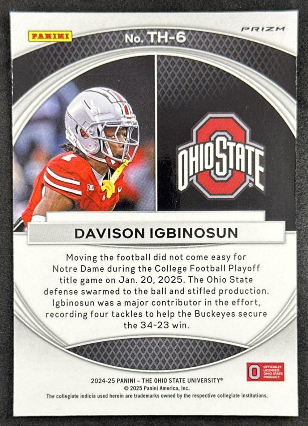 Davison Igbinosun 2025 Panini Ohio State University Trophy Hunting Silver Buckeyes back
