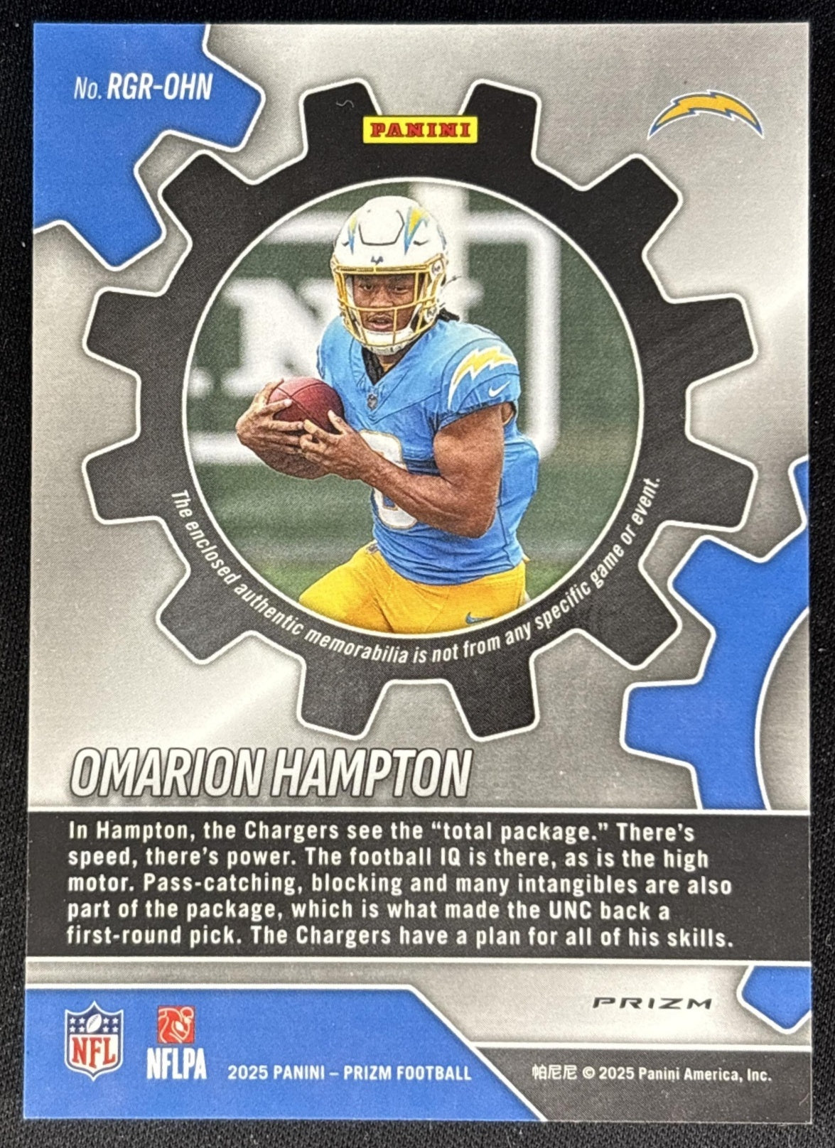 Omarion Hampton 2025 Panini Prizm Rookie Gear Neon Green Pulsar Chargers back
