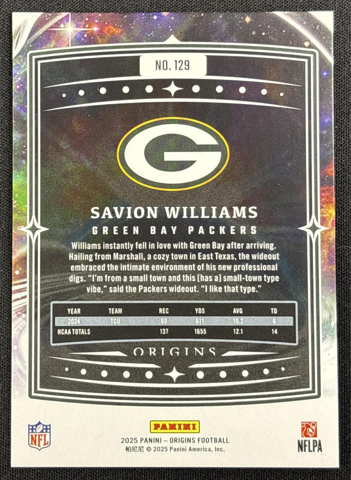 Savion Williams 2025 Panini Origins Rookie Holo Silver /149 Packers