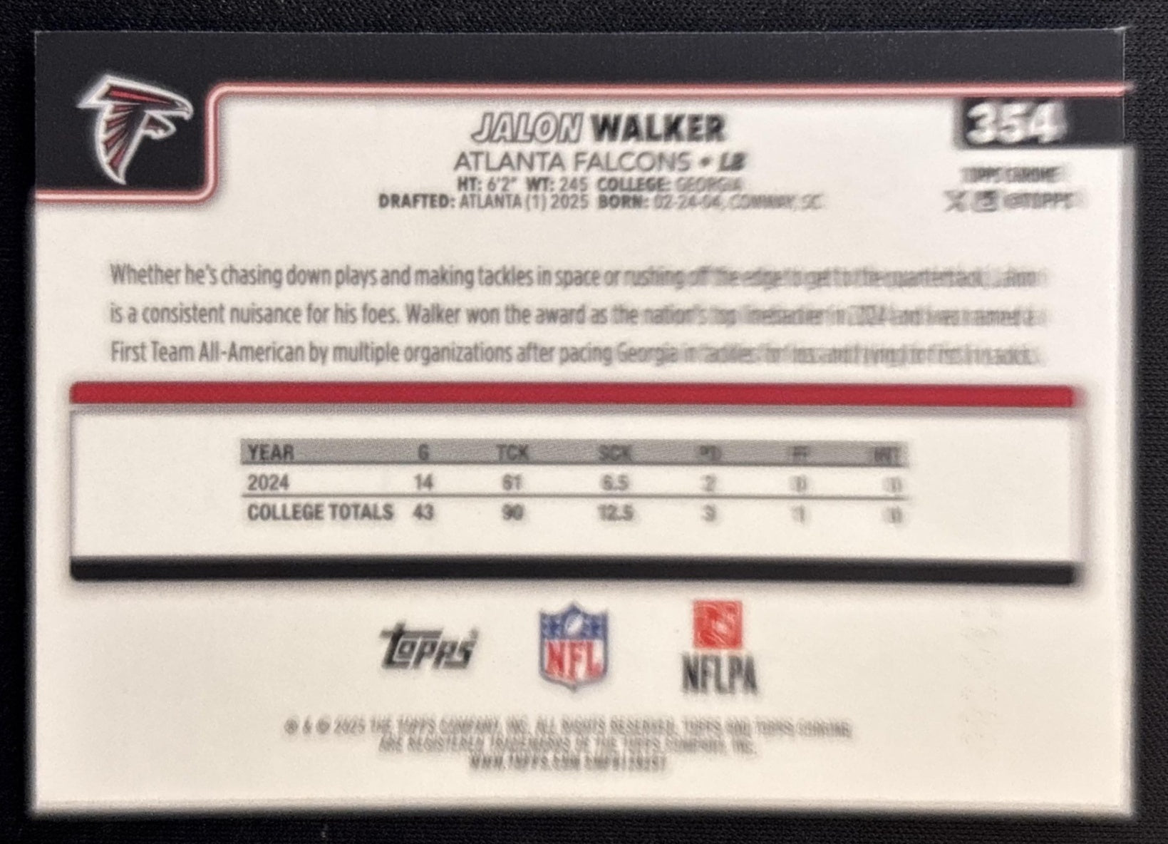Jalon Walker 2025 Topps Chrome Rookie Teal Wave Refractor /299 Falcons Football