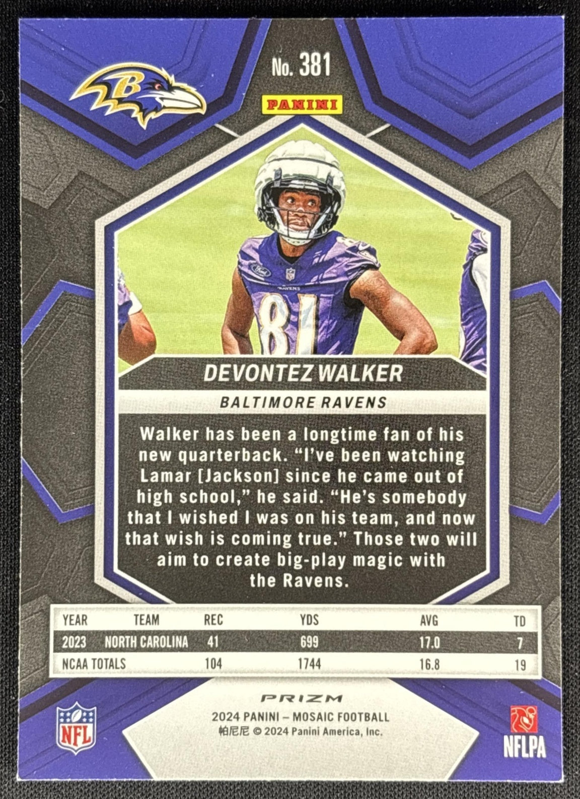 Devontez Walker 2024 Panini Mosaic Green Prizm Ravens Sports Trading Cards