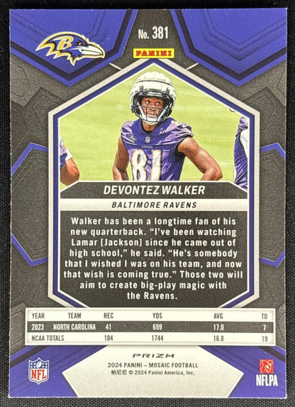Devontez Walker 2024 Panini Mosaic Green Prizm Ravens Sports Trading Cards