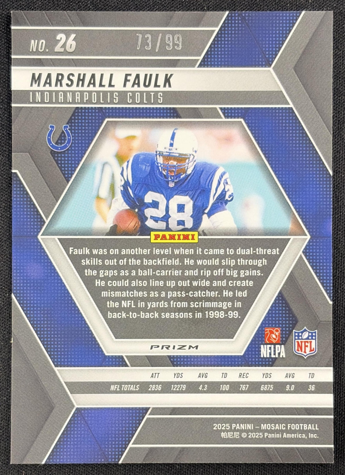 Marshall Faulk 2025 Panini Mosaic Blue Prizm /99 Indianapolis Colts