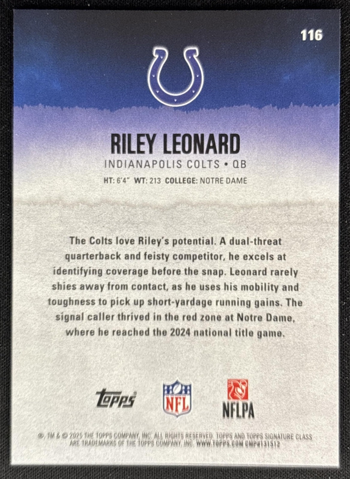 Riley Leonard 2025 Topps Signature Class Rookie Colts back