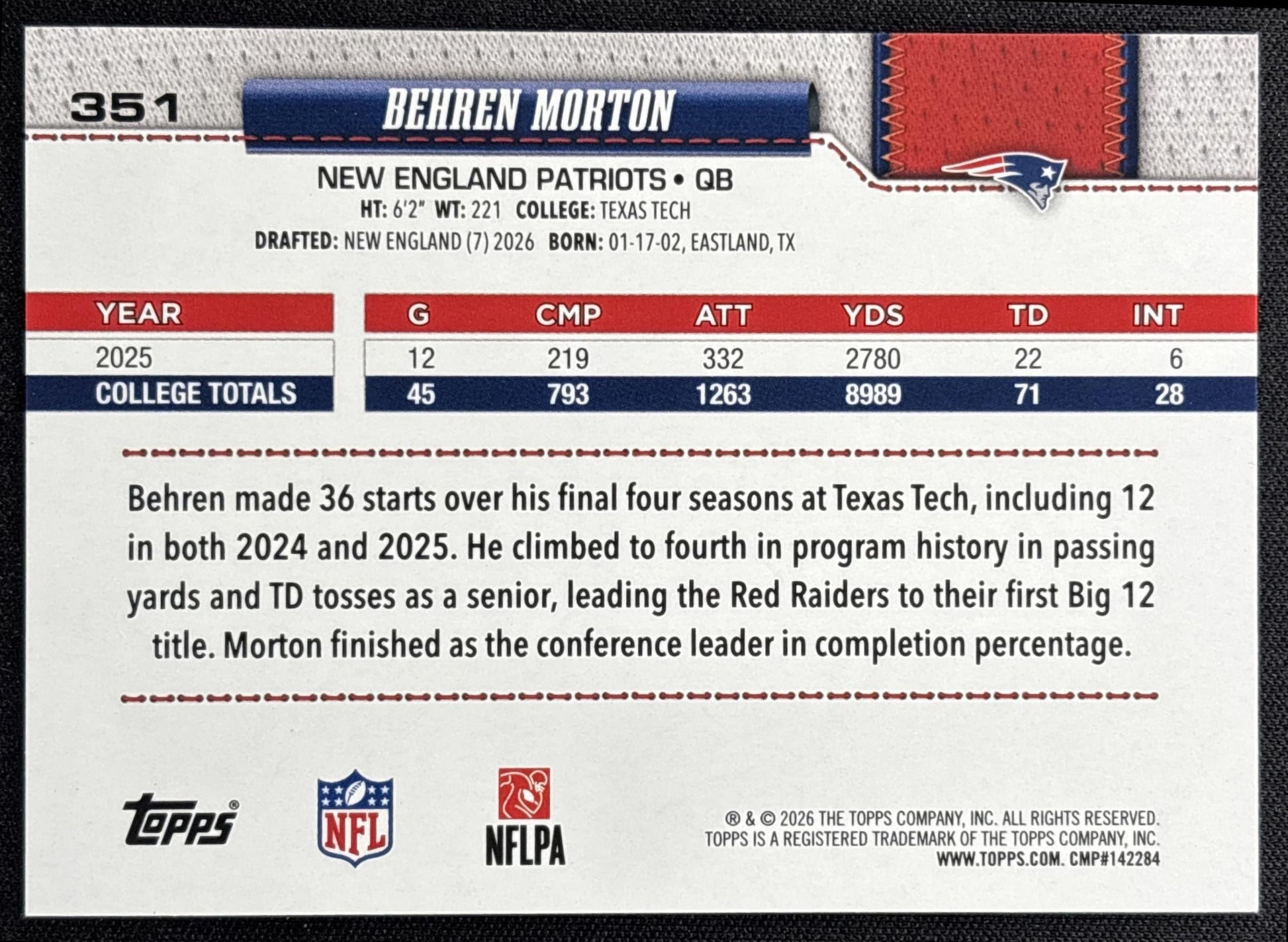 Behren Morton 2026 Topps Football Leather Foil Patriots
