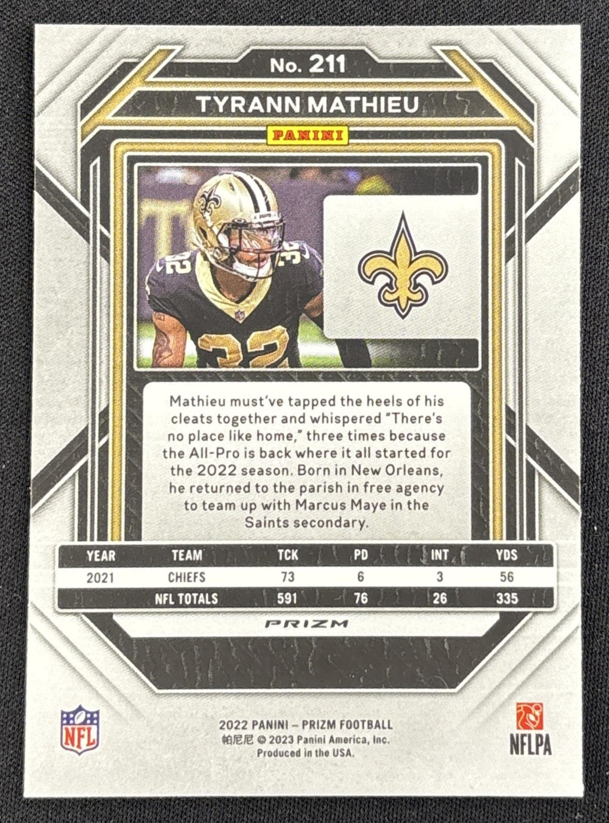Tyrann Mathieu 2022 Panini Prizm No Huddle Saints Sports Trading Card