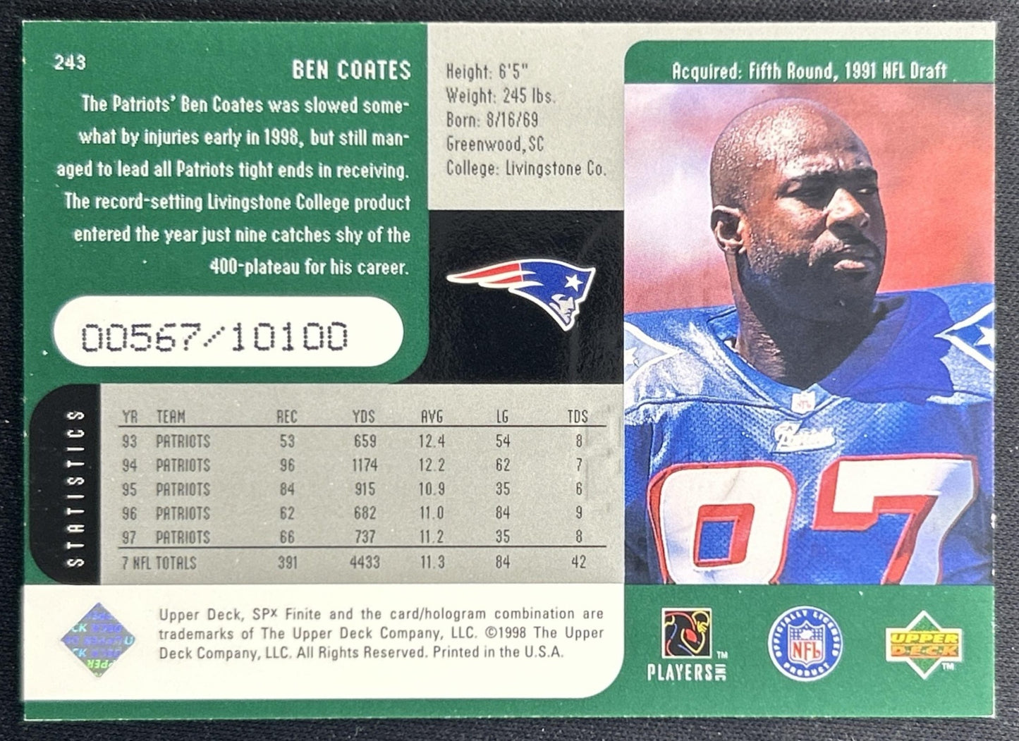 Ben Coates 1998 SPx Finite /10100 Patriots back