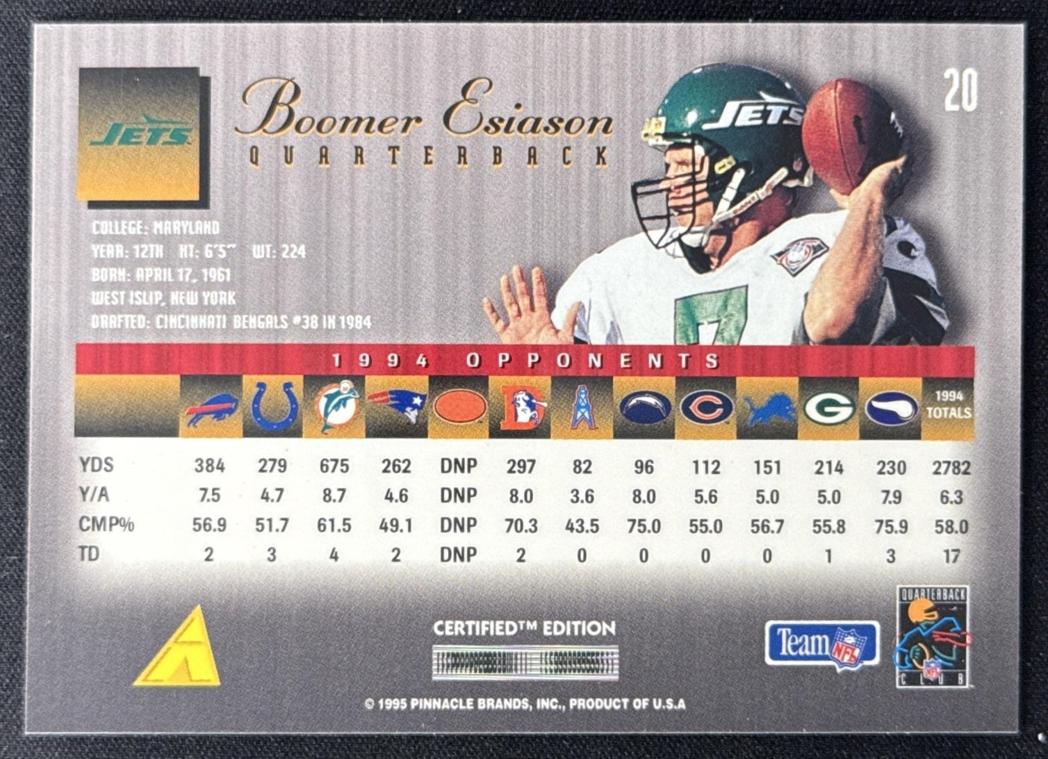 Boomer Esiason 1995 Pinnacle Select Certified Jets Sports Trading Card