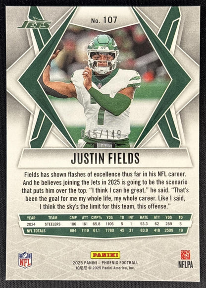 Justin Fields 2025 Panini Phoenix Green Hyper Prizm /149 Jets back
