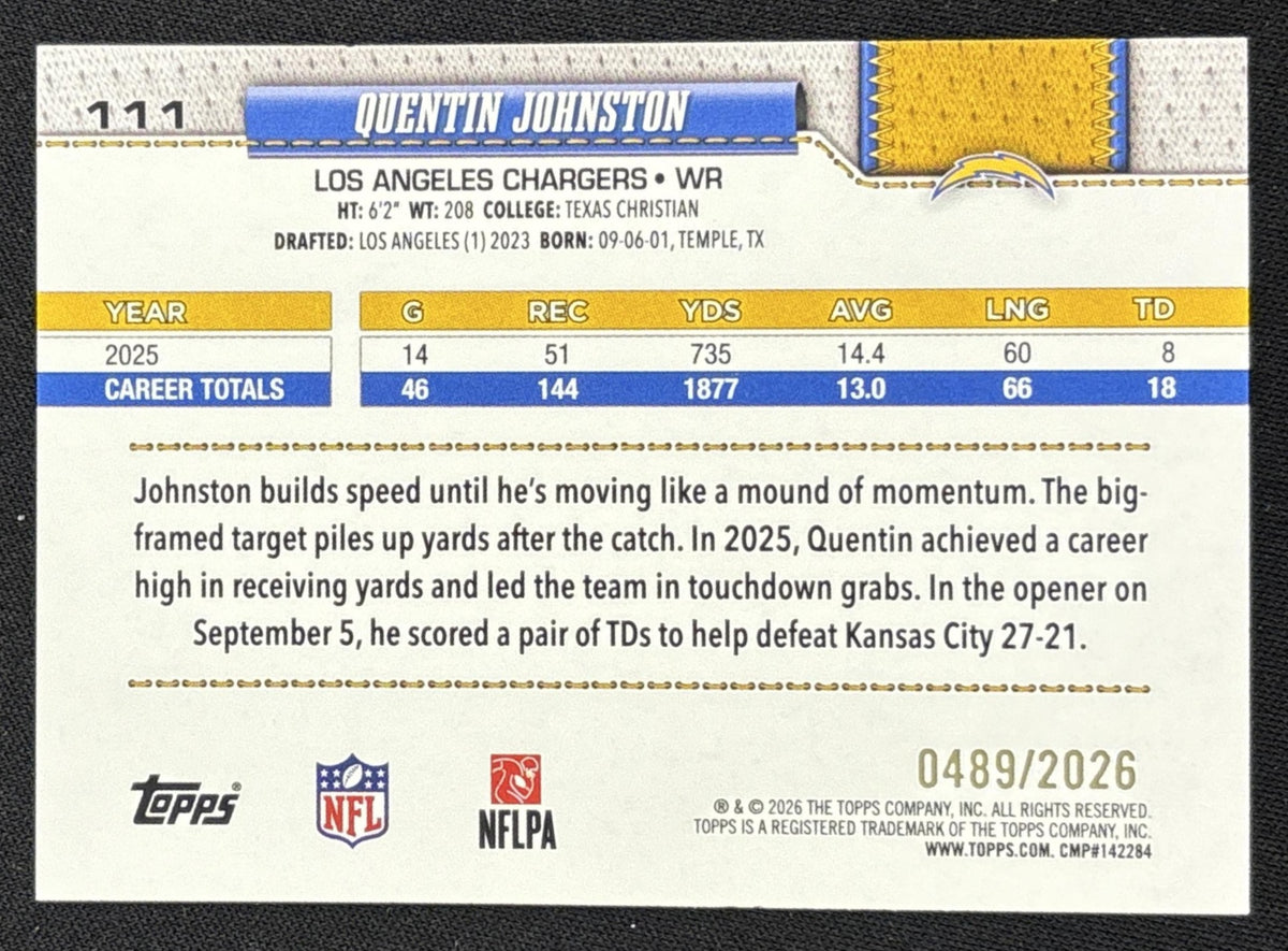 Quentin Johnston 2026 Topps Gold /2026 Chargers
