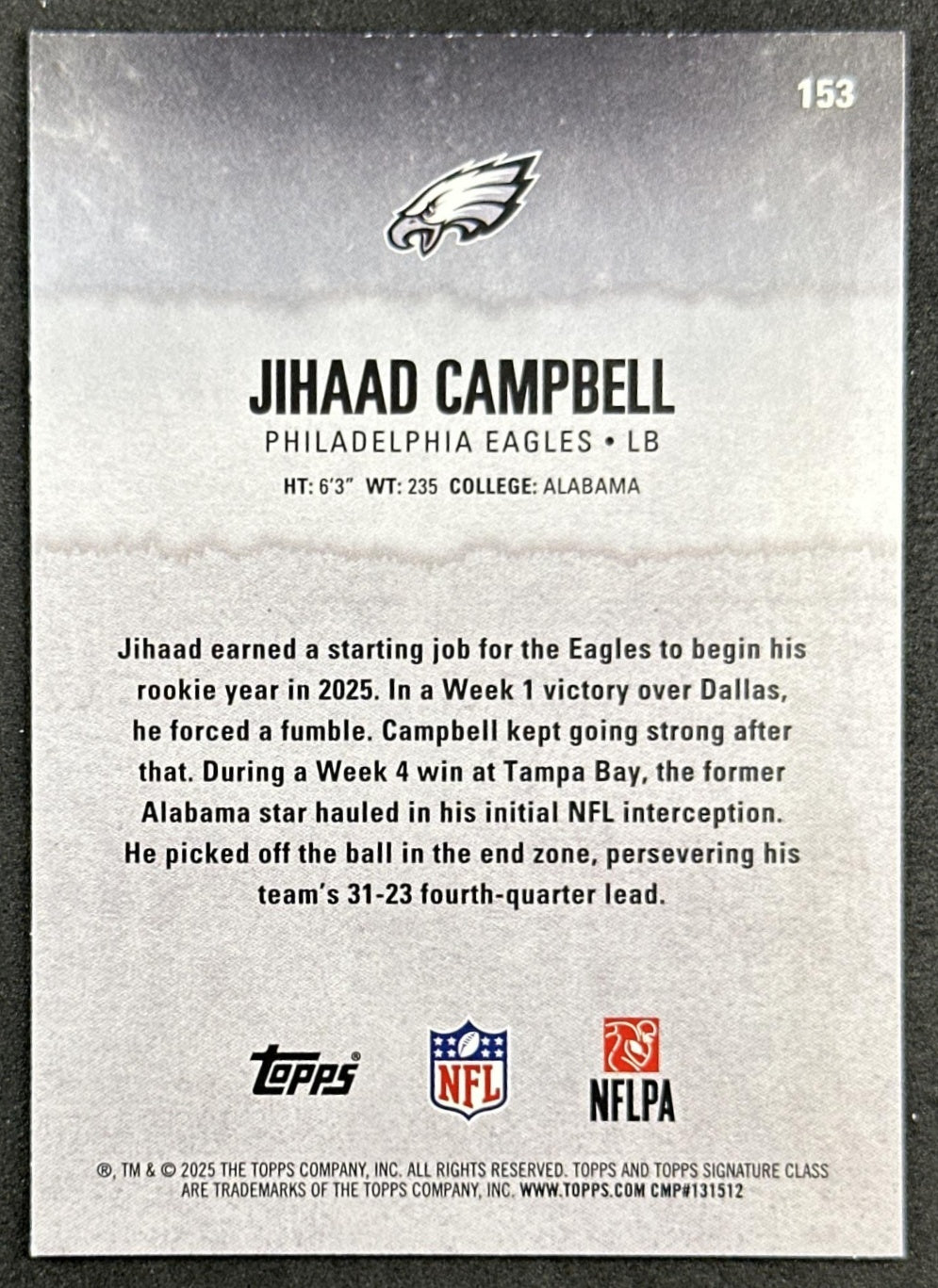 Jihaad Campbell 2025 Topps Signature Class Rookie Blue & Yellow Foil Eagles