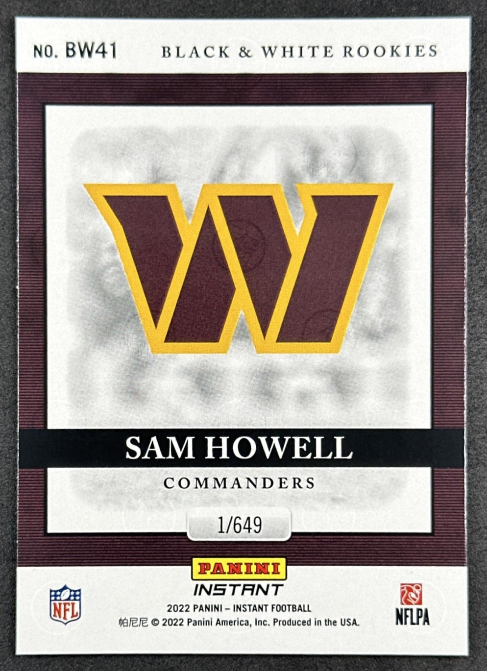 Sam Howell 2022 Panini Instant Black & White Rookie /649 Commanders Cowboys back sports trading card