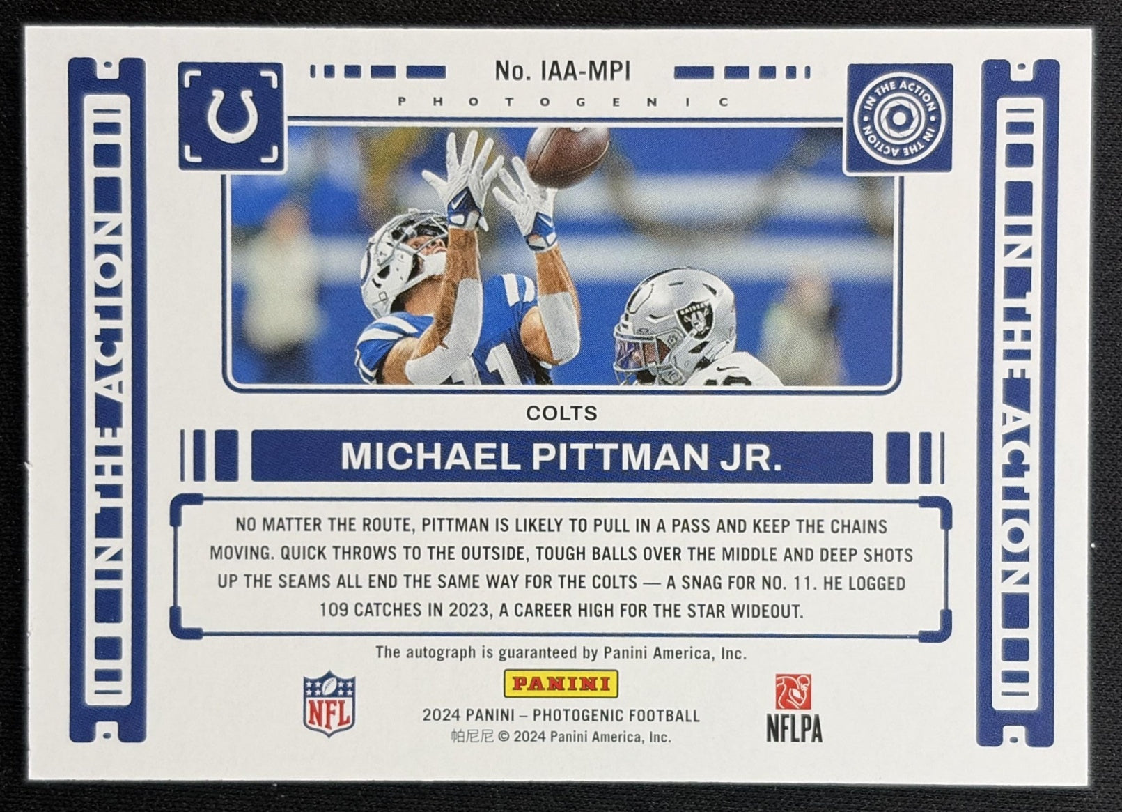 Michael Pittman Jr. 2024 Panini Photogenic In the Action Auto Silver /49 back