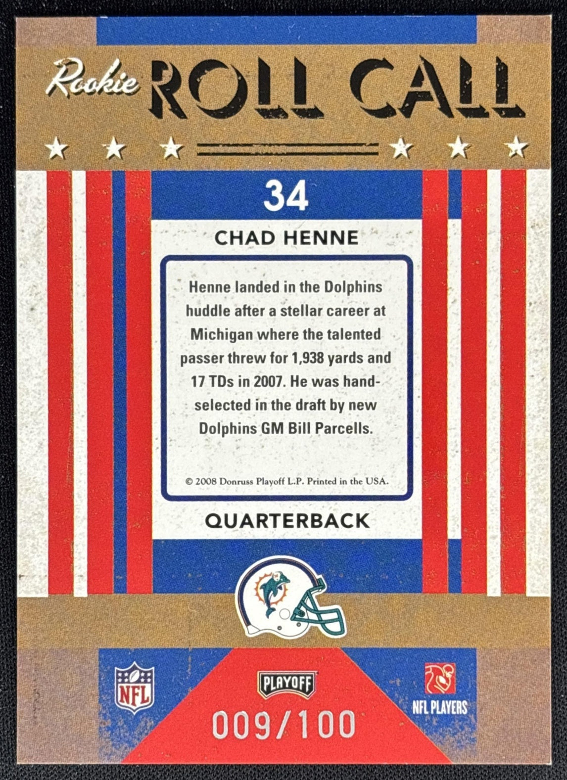 Chad Henne 2008 Playoff Contenders Rookie Roll Call Gold /100 Dolphins back