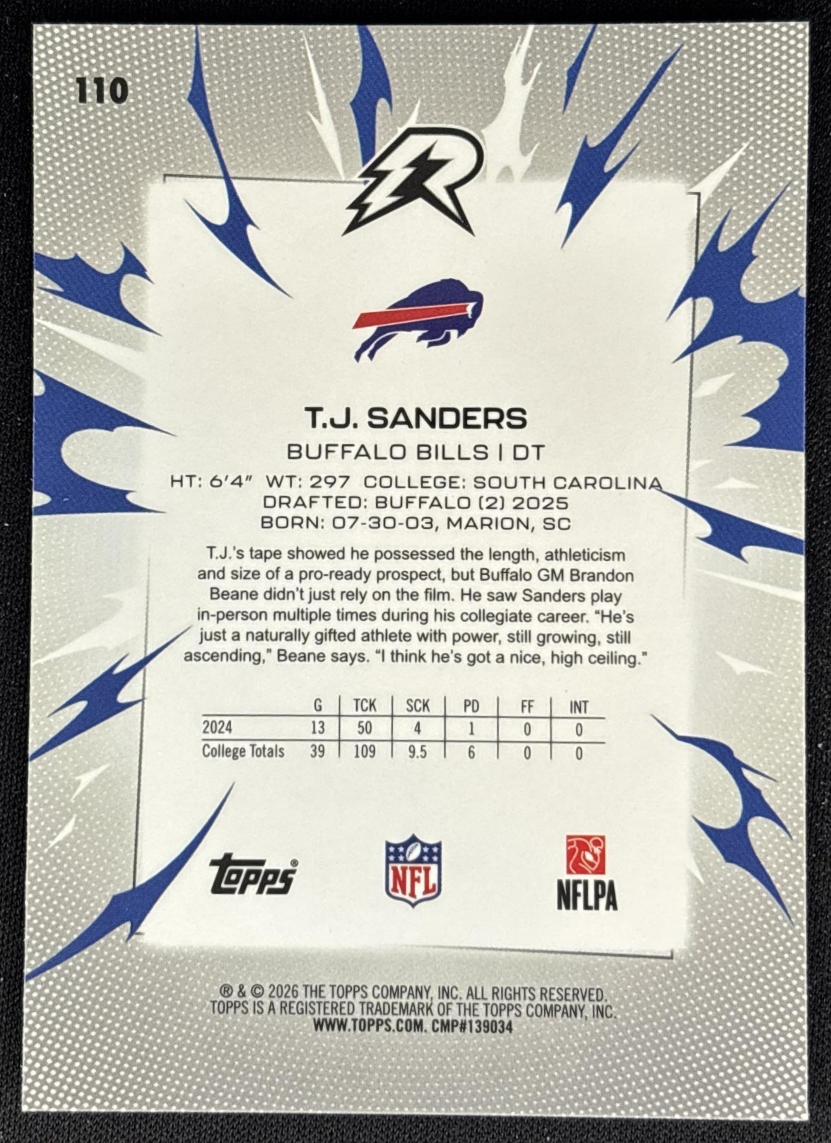 T.J. Sanders 2025 Topps Resurgence Sky Blue and Pink Shock Refractor Bills back