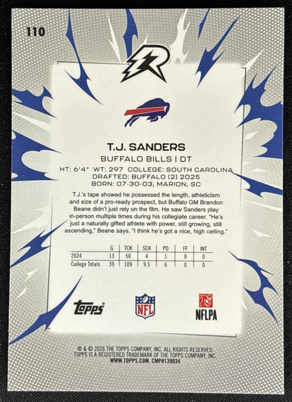 T.J. Sanders 2025 Topps Resurgence Sky Blue and Pink Shock Refractor Bills back