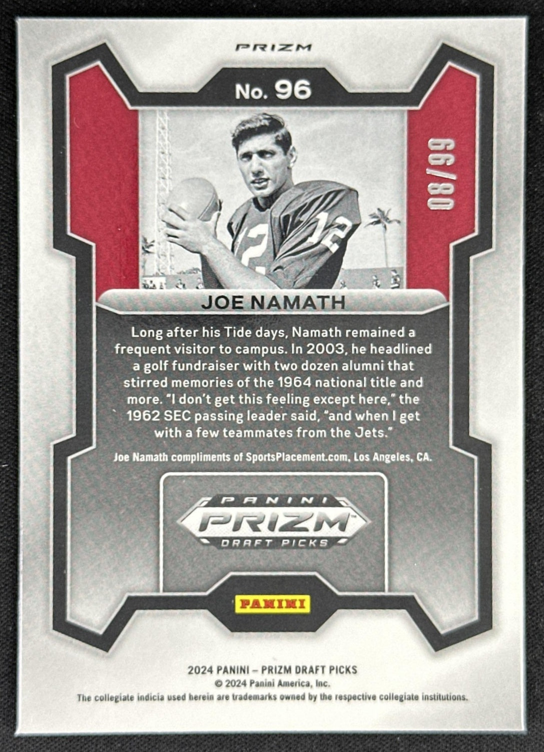 Joe Namath 2024 Panini Prizm Collegiate Draft Picks Blue Ice /99 Crimson Tide Rams
