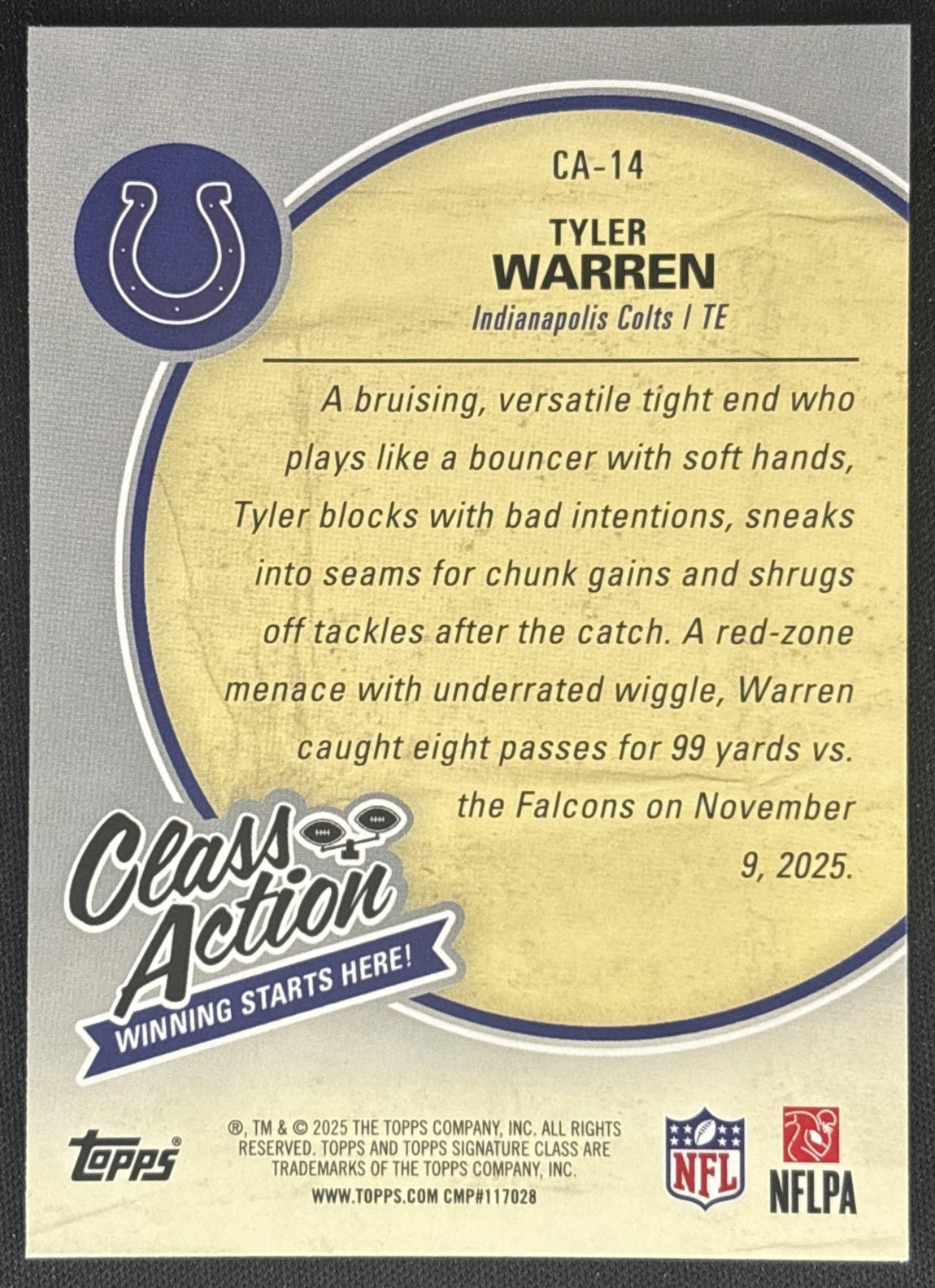 Tyler Warren 2025 Topps Signature Class Action Colts back